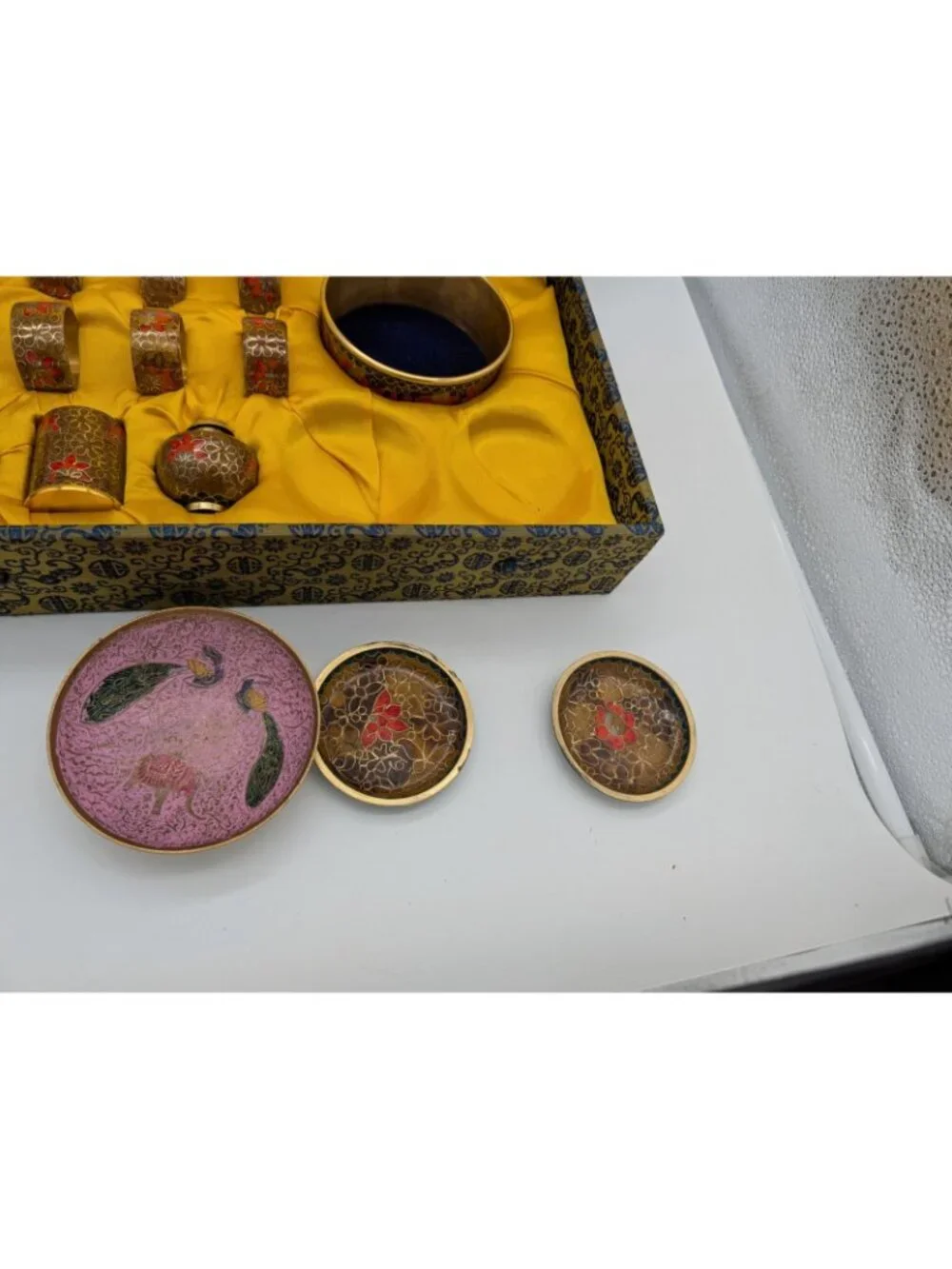 Chinese Cloisonné Enamel Table Set in the Original Decorative Box as is